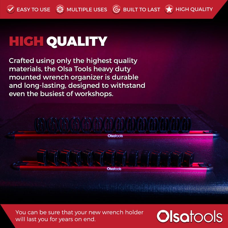 Olsa Tools Wall-Mounted Wrench Rack - Red Anodized Aluminum Rail with Black Clips - Stores 14 SAE or Metric Wrenches Securely - Professional Organizer - Part: 1028 - Image 4